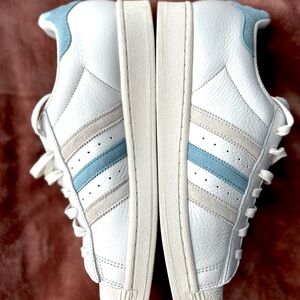 Adidas Superstar White & Blue Sneakers, Size 9.5